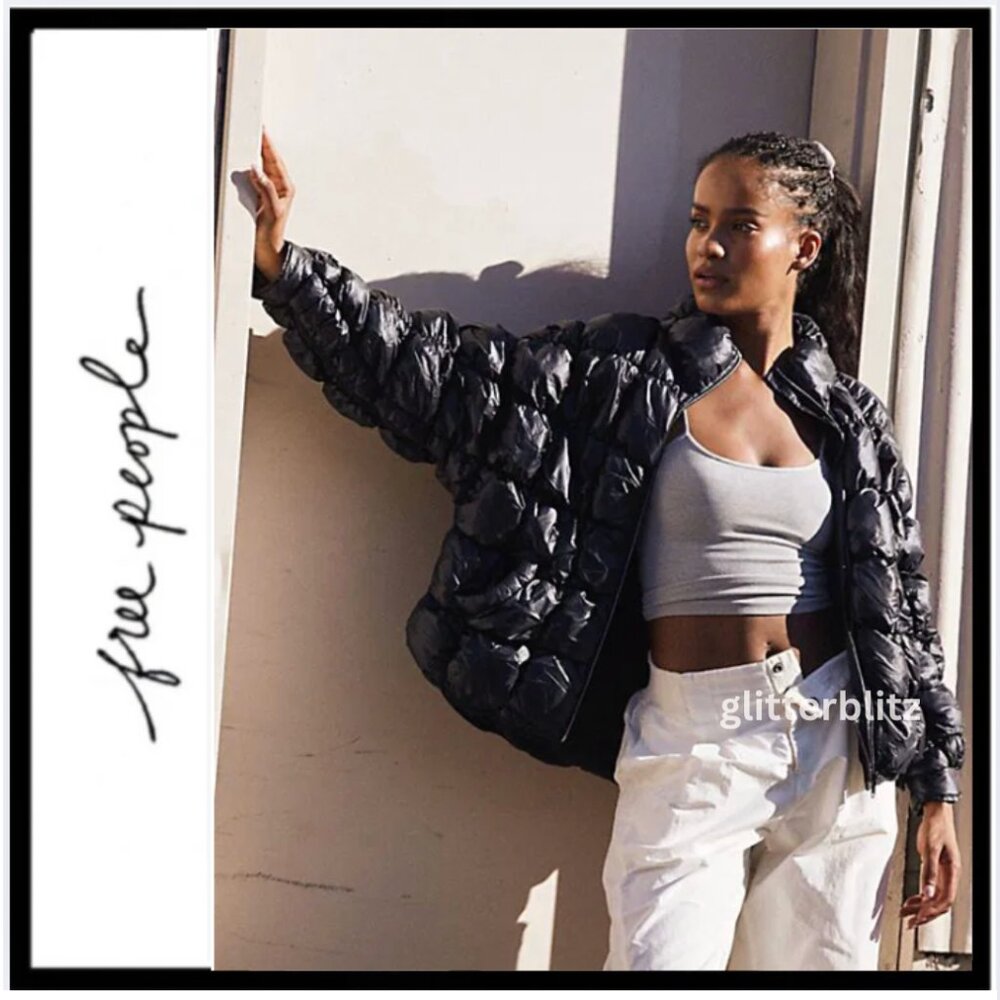 Free People Pippa Scrunchy Glossy Packable Puffer Jacket Black NWT - Picture 3 of 11
